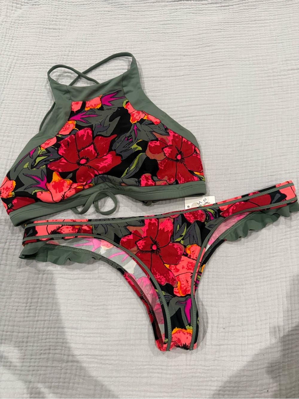 Eidon Olive Floral High-Neck Bikini Set with Pink-Red Bloom Print